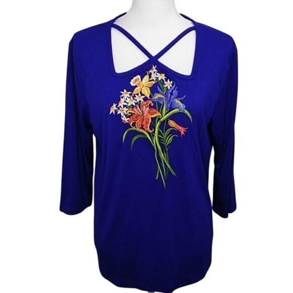 Bob Mackie Tops - New Women's Bob Mackie 3/4 Sleeve Cobalt Blue Floral Bouquet Embroidered Top Med
